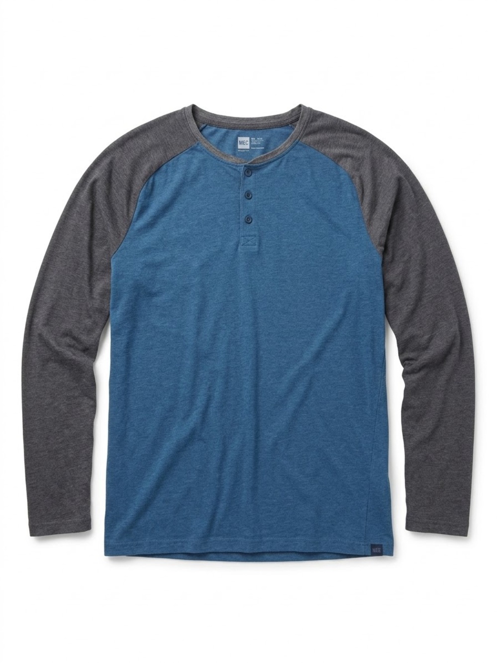 MEC Men's Raglan Long Sleeve Henley Shirt Blue Charcoal Grey Size Large
